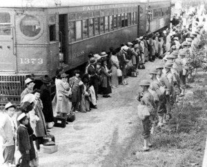 Japanese-Americans await transport at the Santa Anita Racetrack. They slept in the stables.