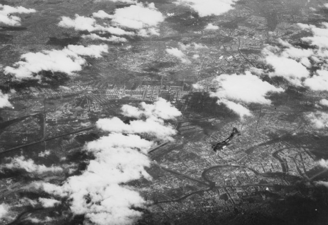 A crippled B-17 begins its plunge to earth over Berlin.